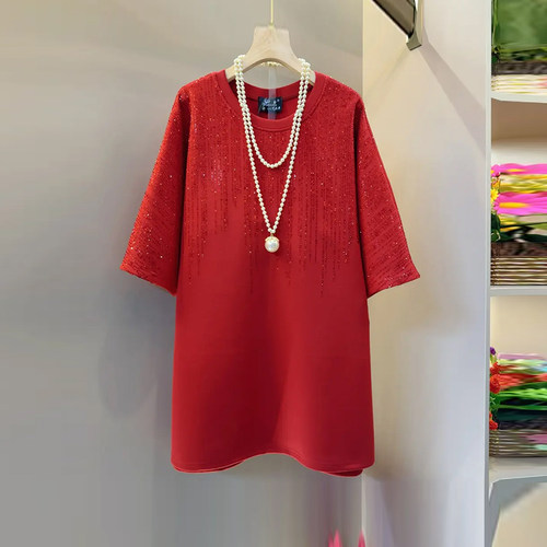 胖妹妹亮钻肩圆领短袖T恤衫