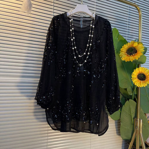 圆领亮片长袖松紧袖口小衫上衣