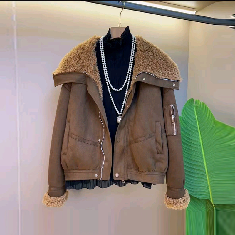 大码女装毛毛大翻领长袖外套