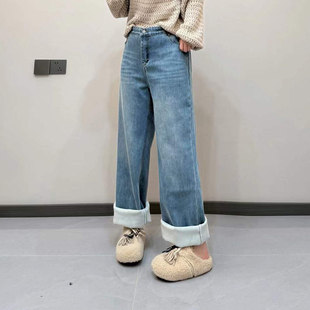 欧洲站洋气宽松百搭休闲裤 胖妹妹加绒净版 女装 大码 子 阔腿牛仔长裤