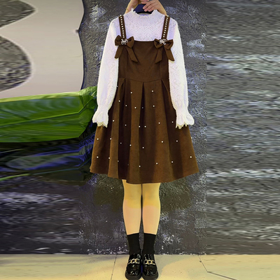 胖mm带钉珠蝴蝶结连衣裙两件套-