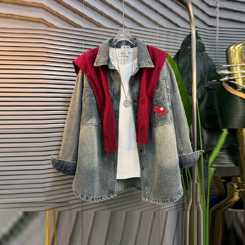 加大码女装披肩长袖翻领牛仔上衣胖妹妹欧洲站设计感时尚百搭衬衫