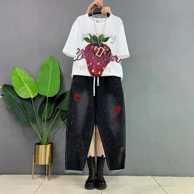 加肥大码女装草莓图案半袖T恤衫胖妹妹2024春秋烫钻爱心牛仔长裤,女装/女士精品,大码内搭,淘宝优惠券,粉丝福利购,淘宝优惠卷