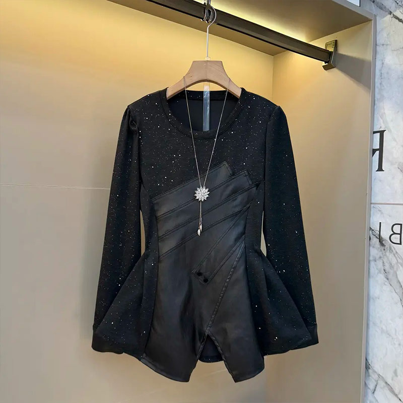 大码女装圆领拼皮长袖收腰小衫