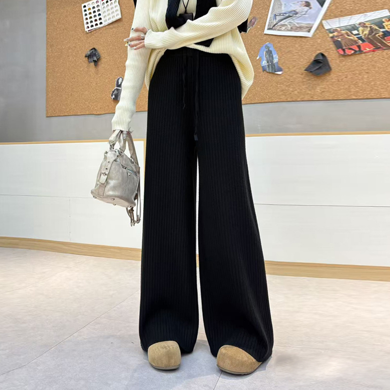 大码松紧腰黑色阔腿长裤