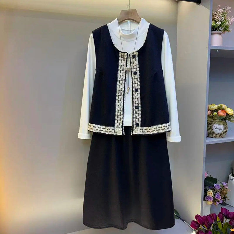 大码女装开衫拼色边马甲高领长袖打底衫半身裙韩版气质显瘦三件套,女装/女士精品,大码套装,淘宝优惠券,粉丝福利购,淘宝优惠卷