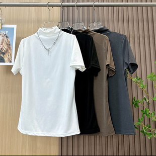 打底衫 休闲百搭简约上衣胖妹妹遮肚子半高领纯色短袖 女装 加肥大码