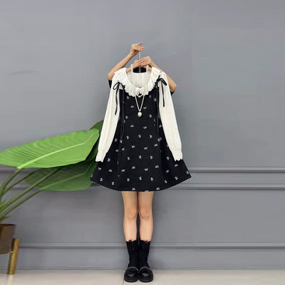 翻领系带肩蝴蝶结假两件连衣裙