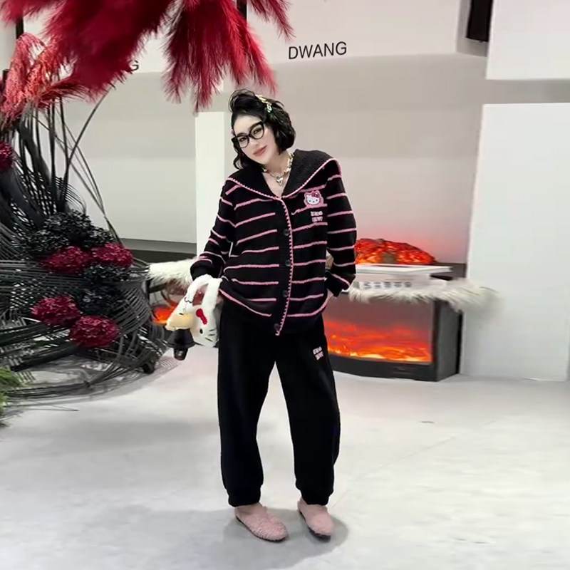 胖妹妹加肥披肩领长袖条纹上衣长裤大码女装2026新年款减龄两件套,女装/女士精品,大码套装,淘宝优惠券,粉丝福利购,淘宝优惠卷