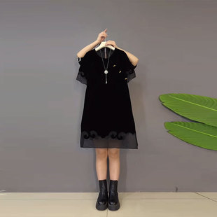 胖妹妹斜襟短袖连衣裙黑色显瘦中长款大码女装气质复古风洋气裙子