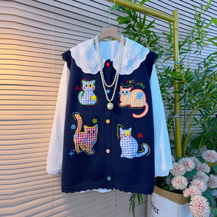 衬衫 学院风减龄蕾丝翻领长袖 女装 胖妹妹圆领卡通图案针织马甲大码