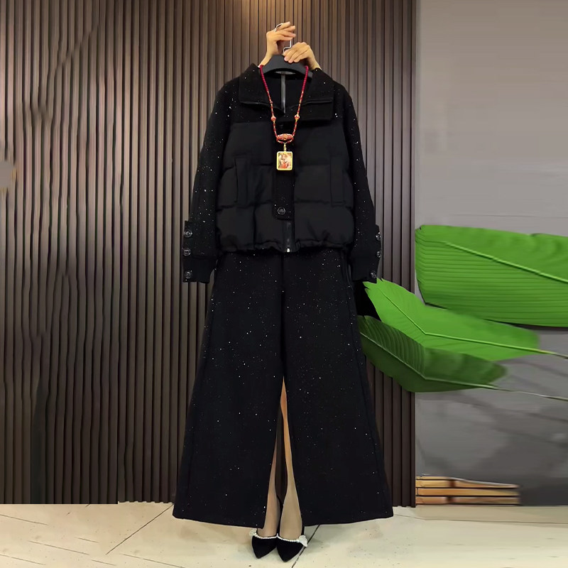 加肥翻领纽扣袖口上衣阔腿长裤大码女装冬季款简约休闲加棉两件套,女装/女士精品,大码套装,淘宝优惠券,粉丝福利购,淘宝优惠卷