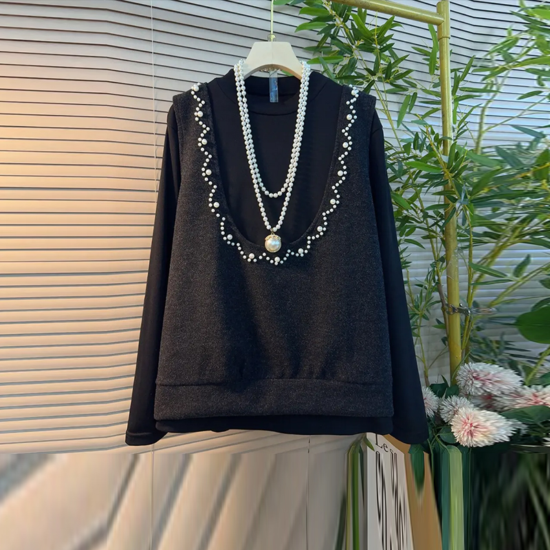高领长袖打底衫大U领钉珠边马甲