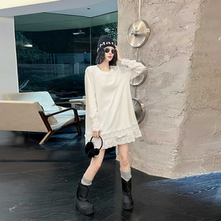 百搭休闲T恤衫 胖妹妹拼接蕾丝边长袖 女装 遮肚子大码 上衣宽松韩版