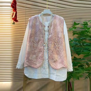 盘扣钉珠花国风马甲加肥大码 暗花打底衫 女装 长袖 新中式 胖妹妹法式