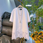 休闲小衫 胖妹妹拼接蕾丝底摆短袖 宽松简约春秋款 女装 上衣加肥大码