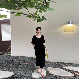 胖MM加肥后背拼蕾丝金丝绒连衣裙法式气质大码女装轻熟风黑色长裙