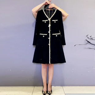 顯瘦胖妹妹秋冬款 220斤大碼 V領(lǐng)小香風(fēng)連衣裙潮 長袖 中長款 女裝 時(shí)尚