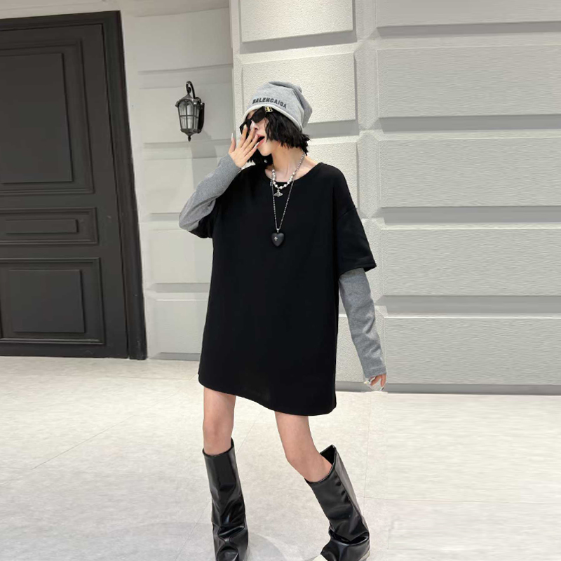 拼条纹长袖假两件上衣条