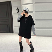 女装 拼条纹长袖 假两件上衣胖妹妹韩版 加大码 宽松百搭减龄休闲小衫