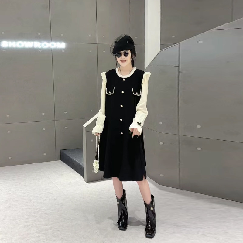 胖妹妹拼色荷叶肩长袖淑女风连衣裙韩版大码女装洋气秋冬款连衣裙