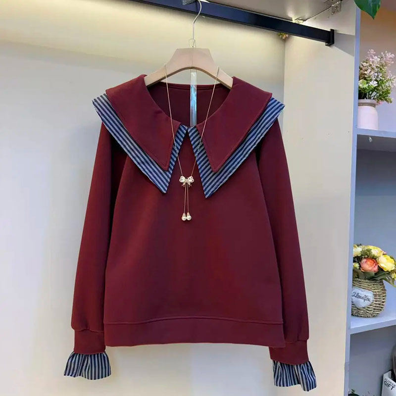 大码女装条纹娃娃领长袖卫衣宽松遮肚子胖妹妹学院风减龄百搭上衣,女装/女士精品,大码内搭,淘宝优惠券,粉丝福利购,淘宝优惠卷