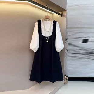 加肥女泡泡袖打底衫大U领马甲裙胖妹妹秋季款显瘦简约休闲两件套