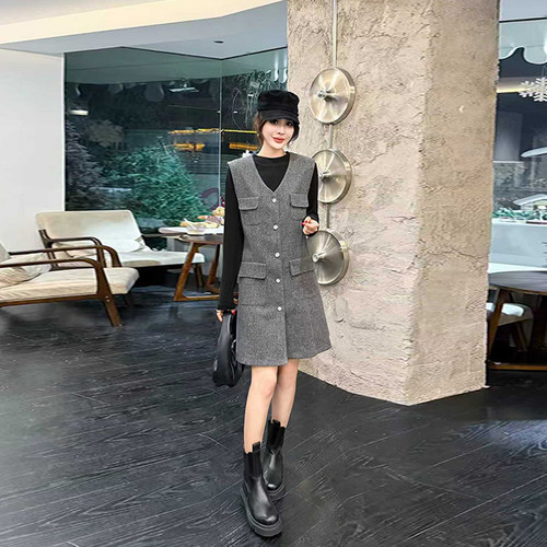 立领长袖打底衫V领短款马甲裙