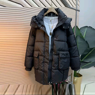 款 胖妹妹连帽中长款 冬季 女装 百搭黑色保暖外套 棉服宽松遮肚子大码