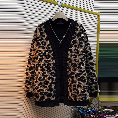 大码V领拼色边豹纹毛外套上衣