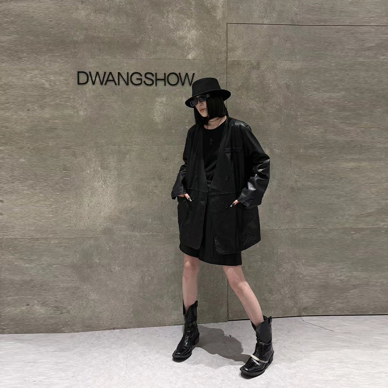 V领长袖开衫欧货PU皮外套上衣