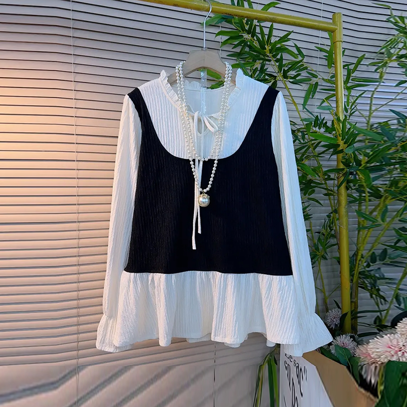 系带领拼色吊带假两件上衣