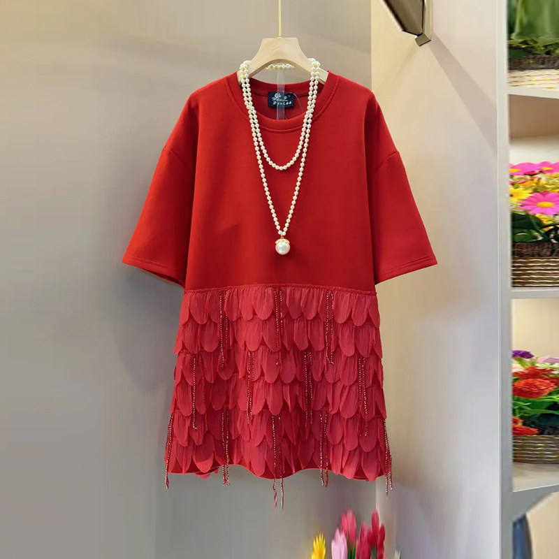 加肥女拼花瓣裙摆圆领短袖T恤裙胖妹妹气质中长款减龄洋气连衣裙,女装/女士精品,大码内搭,淘宝优惠券,粉丝福利购,淘宝优惠卷