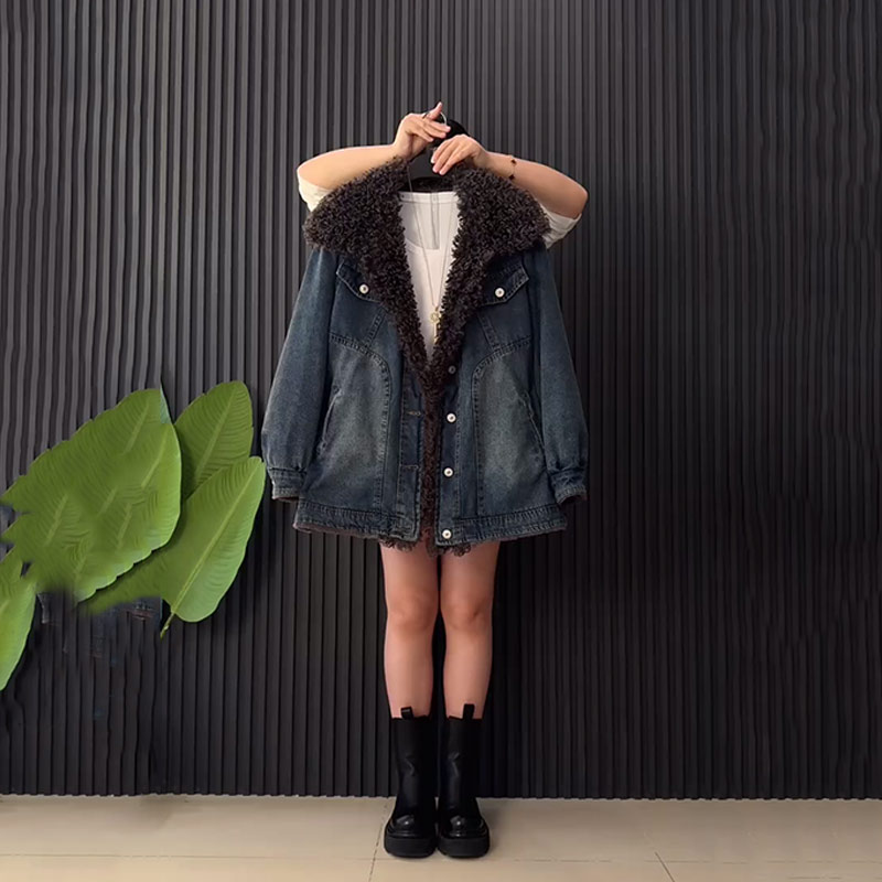 毛毛翻领长袖棉服牛仔上衣