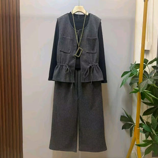 胖妹妹收腰抽绳马甲长袖打底衫阔腿长裤2026秋季款大码女装三件套