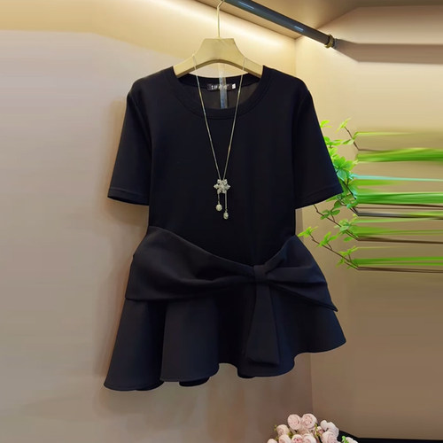 蝴蝶结腰圆领短袖T恤衫