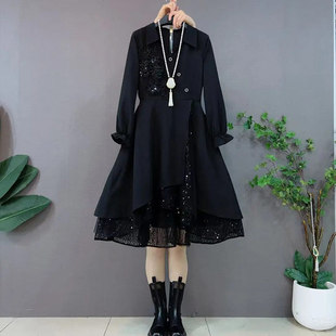 大码女装拼网纱裙摆长袖收腰连衣裙法式气质赫本风巨显瘦黑色裙子