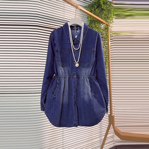 翻领长袖收腰牛仔衬衫上衣