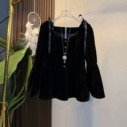 加肥系带肩长袖纽扣领小衫-