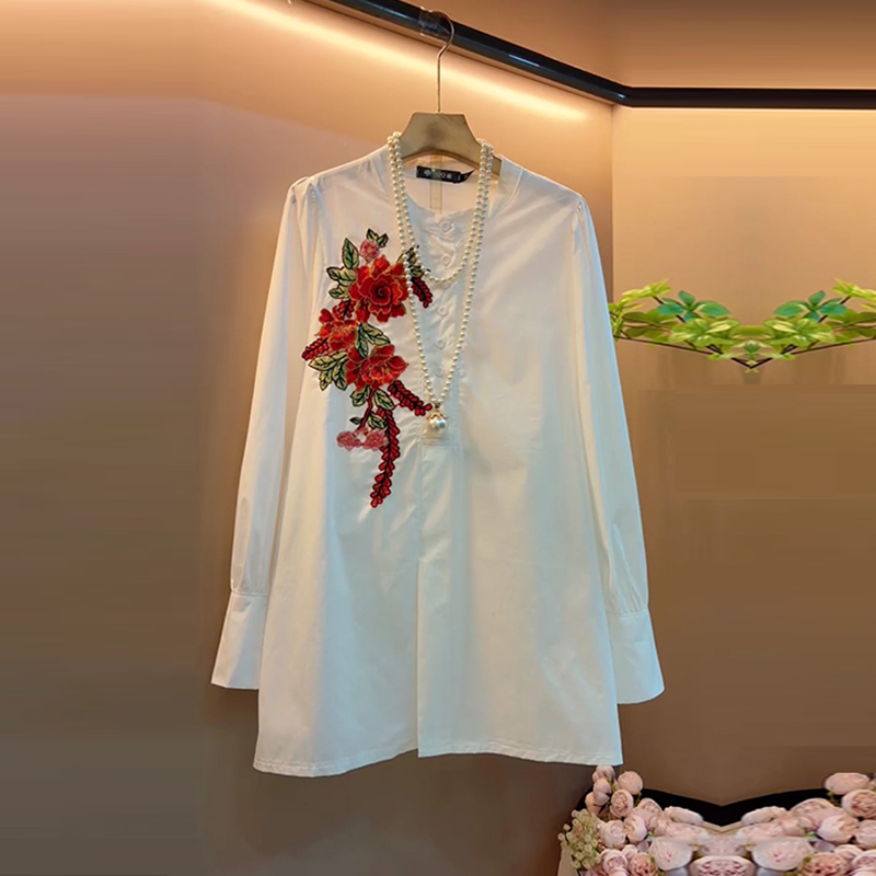 大码女装立领刺绣花长袖衬衫