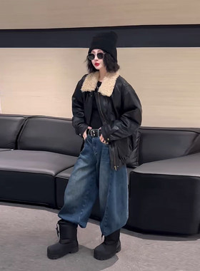 大码女装毛毛翻领长袖加棉外套