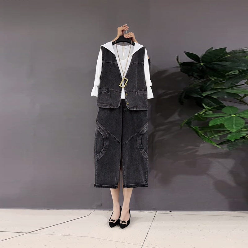 加肥女V领马甲连帽长袖打底衫松紧腰牛仔裤胖妹妹欧货洋气三件套