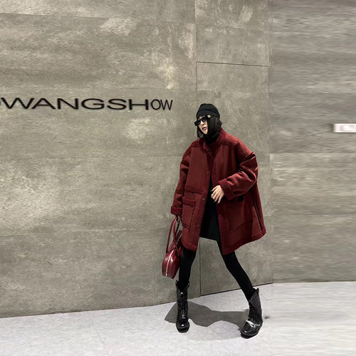 立领中长款羊羔毛外套上衣