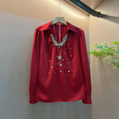 气质设计感洋气百搭衬衫 加肥女翻领前压褶亮钻长袖 上衣胖妹妹法式