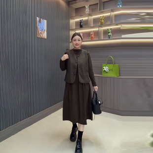 加大码女装荷叶肩点点马甲立领长袖连衣裙胖妹妹秋季款休闲两件套