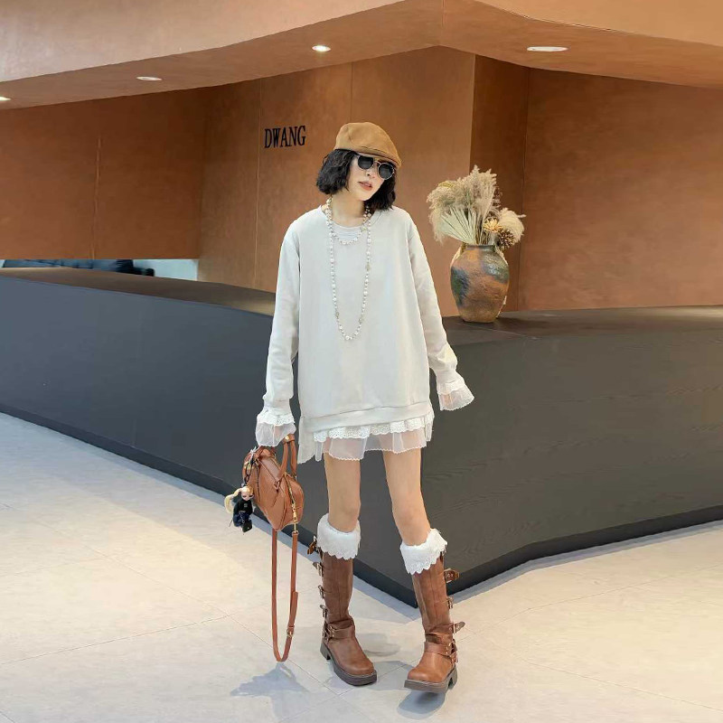 大码女装拼底摆长袖圆领上衣