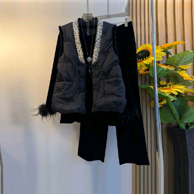 棉马甲毛毛打底小衫松紧腰裤子