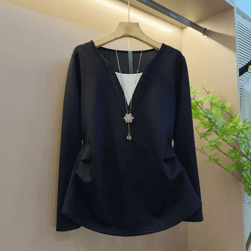 大码女装V领亮钻边腰压褶上衣