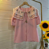 女装 花朵披肩领短袖 小衫 加肥大码 胖妹妹小众设计韩版 减龄百搭上衣