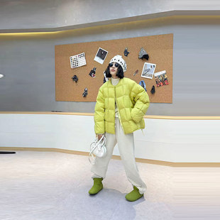 女装 大码 纯色简约百搭保暖上衣 棉服外套韩版 胖妹妹圆领底抽绳长袖